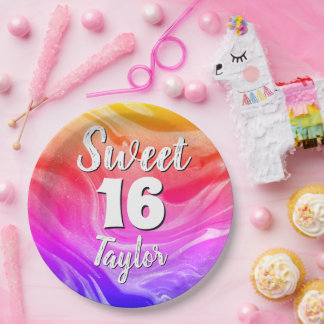 Sweet 16 Rainbow Colored Marble Personalized Pappteller