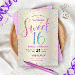 Sweet 16 Rainbow Glitzer Confetti Gold Geburtstag Einladung<br><div class="desc">"Happy Sweet 16". Schicken Sie diese atemberaubende, funkelnd, mädchenhafte, festliche, moderne, personalisierte Party Einladung für eine Veranstaltung, an die Sie sich erinnern können. Rainbow-Glitzer-Schriftzeichen sowie festlich türkisfarbene, lila Rosa- und Goldkonfetti überlagern einen Champagner-goldenen Hintergrund in Metallic. Ein goldenes Glitzer Punktmuster ist über dem Lavendel lila auf der Rückseite. Personalisieren Sie...</div>