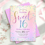 Sweet 16 Rainbow Glitzer Confetti Ombre Geburtstag Einladung<br><div class="desc">"Happy Sweet 16". Schicken Sie diese atemberaubende, funkelnd, mädchenhafte, festliche, moderne, personalisierte Party Einladung für eine Veranstaltung, an die Sie sich erinnern können. Rainbow-Glitzer-Schriftzeichen, zusammen mit festlich türkisfarbenen, lila Rosa- und Goldkonfetti, überlagern einen Regenbogen-Ober-Folie mit metallischem Hintergrund. Ein goldenes Glitzer Punktmuster ist über dem Lavendel lila auf der Rückseite. Personalisieren...</div>