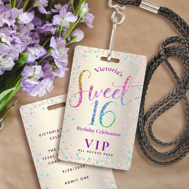 Sweet 16 Rainbow Glitzer Gold Geburtstag VIP Pass Ausweis (Von Creator hochgeladen)