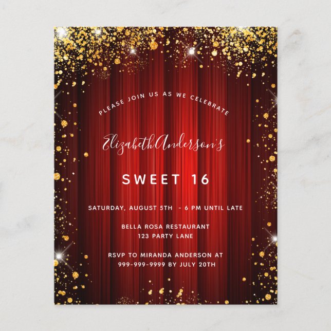Sweet 16 Red Gold Film Theater Einladung Flyer (Vorne)