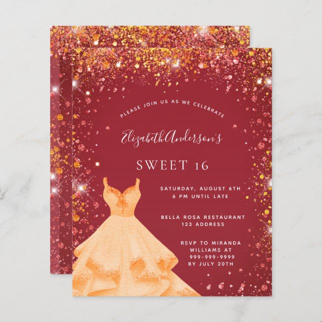 Sweet 16 Red Gold Glitzer Einladung (Vorne/Hinten)
