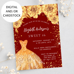 Sweet 16 Red Gold Glitzer Kleidung Rose Einladung
