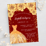 Sweet 16 Red Gold Glitzer Kleidung Rose Einladungspostkarte<br><div class="desc">Eine moderne,  stilvolle und glamouröse Einladung zu einer Sweet 16. Geburtstagsfeier. Roter Hintergrund mit Imitaten goldener Glitzer Staub,  ein Kleid und goldene Rose,  Blume. Der Name ist mit einem modernen handgeschriebenen Stilskript geschrieben. Personalisieren Sie Ihre Party-Daten und fügen Sie sie hinzu.</div>
