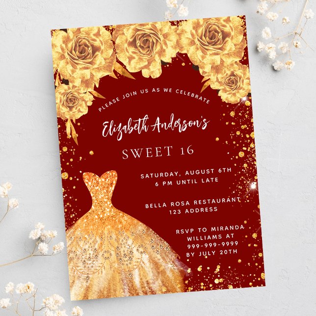 Sweet 16 Red Gold Glitzer Kleidung Rose Einladungspostkarte (Von Creator hochgeladen)