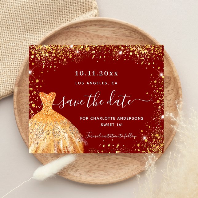 Sweet 16 Red Gold Kleid Budget Save the Date Flyer (Von Creator hochgeladen)