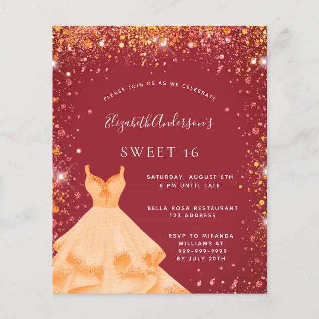 Sweet 16 Red Gold Kleid Einladung Flyer (Vorne)