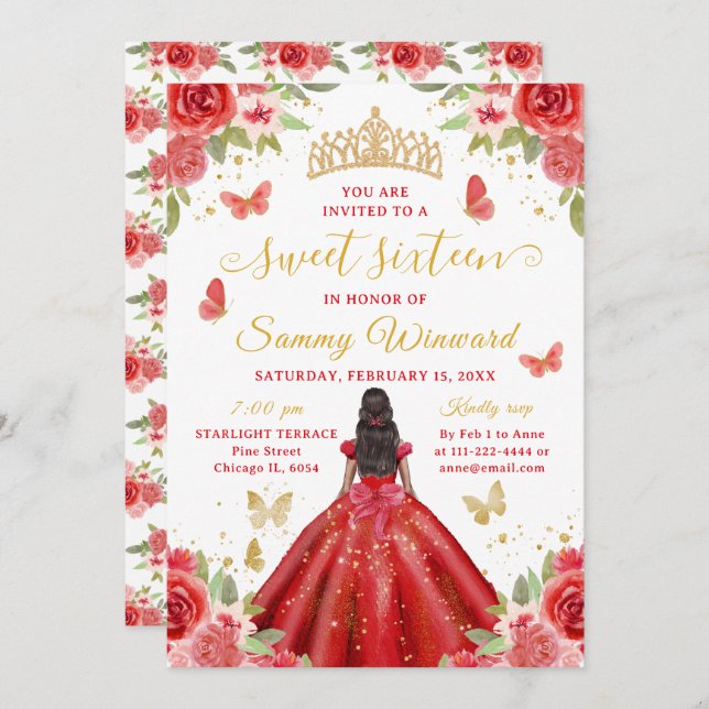 Sweet 16 Red Princess African American Girl Einladung (Vorne/Hinten)