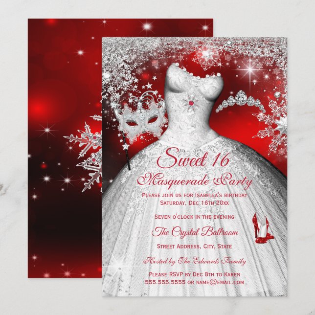 Sweet 16 Red Princess Masquerade Silver Party Einladung (Vorne/Hinten)