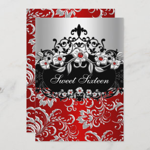 Sweet 16 Red Silver Black Floral Jewel Party Einladung