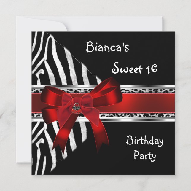 Sweet 16 Red Silver Black Zebra Leopard Geburtstag Einladung (Vorderseite)