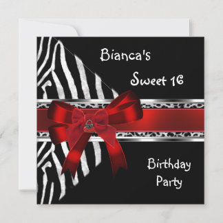 Sweet 16 Red Silver Black Zebra Leopard Geburtstag Einladung