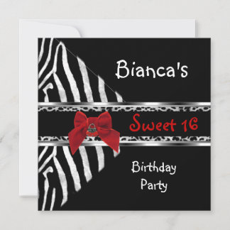 Sweet 16 Red Silver Black Zebra Leopard Geburtstag Einladung