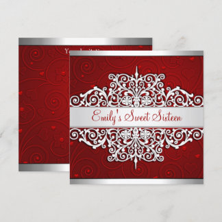 Sweet 16 Red Silver Floral Liebe Geburtstagsparty Einladung