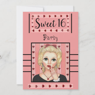 Sweet 16 Retro Vintages Party Herz Pink Girly Girl Einladung