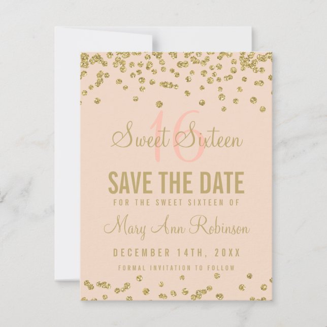 Sweet 16 "Rett Date" Gold Glitzer Confetti Blush Save The Date (Vorderseite)