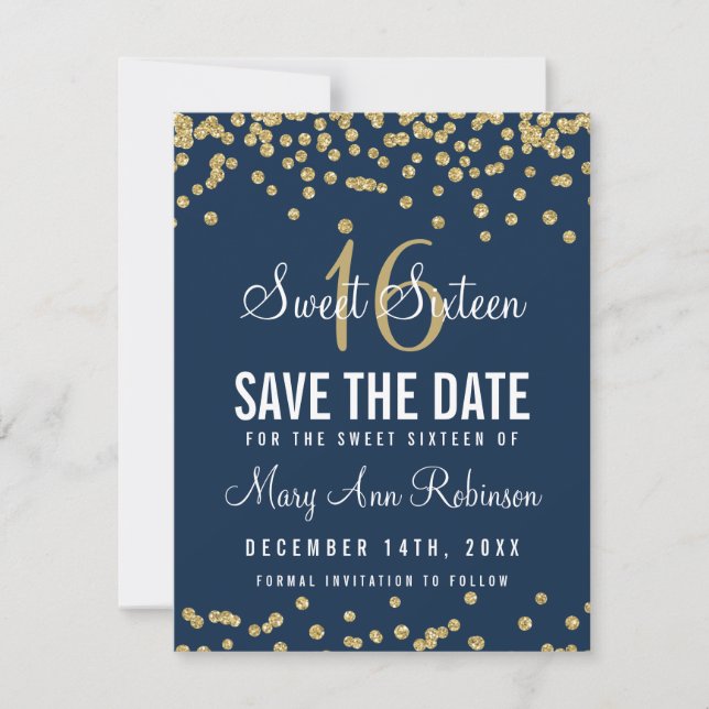 Sweet 16 "Rett Date" Gold Glitzer Confetti Navy Save The Date (Vorderseite)