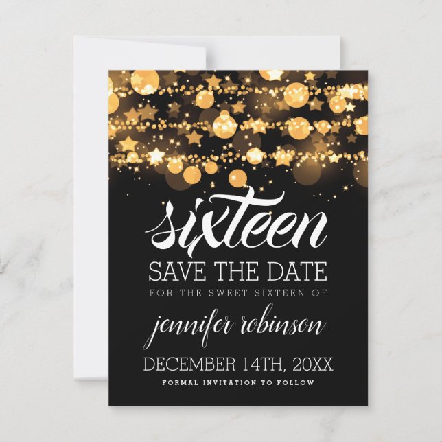 Sweet 16 Rett Date Gold Sparkling Lights & Stars Save The Date (Vorderseite)