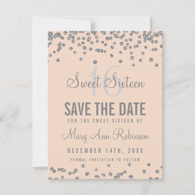 Sweet 16 "Rett Date" Silver Glitzer Confetti Blush Save The Date (Vorderseite)