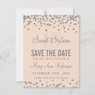 Sweet 16 "Rett Date" Silver Glitzer Confetti Blush Save The Date