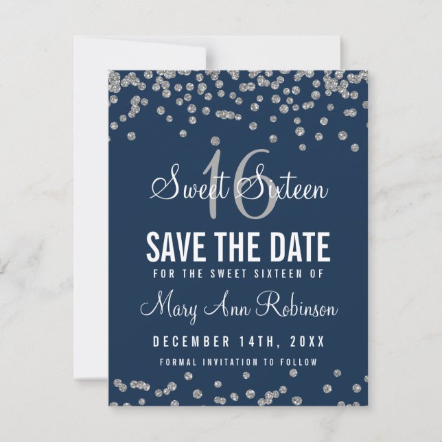 Sweet 16 Rett Date Silver Glitzer Confetti Navy Save The Date (Vorderseite)