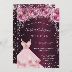 Sweet 16 rosa bordeauxfarbenes Kleid Glitzer mit B Einladung