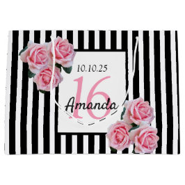 Sweet 16 rosa Florale Schwarz-weiße Streifen Große Geschenktüte