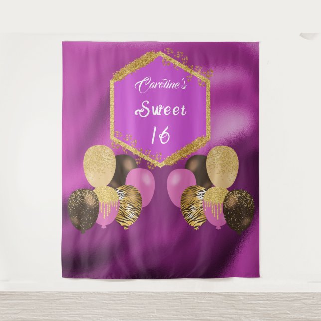 Sweet 16 Rosa Glitzer & Glitzer Party Balloons Wandteppich (Vorderseite)