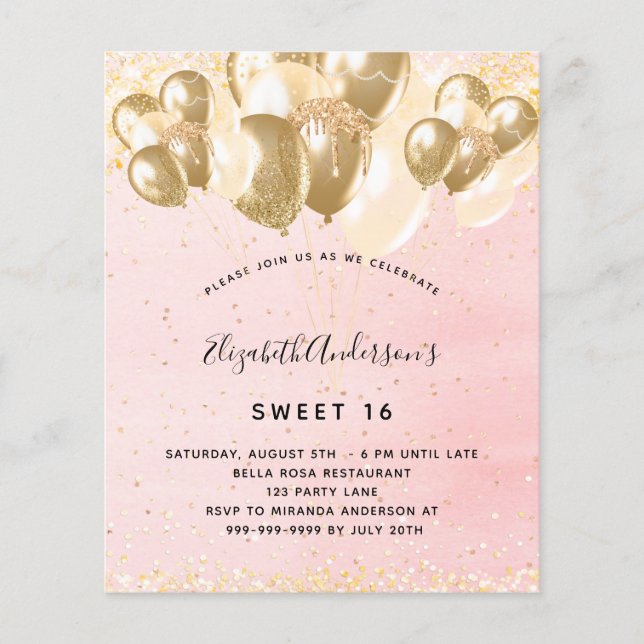 Sweet 16 Rosa Glitzer Rosa Ballons Budget Flyer (Vorne)
