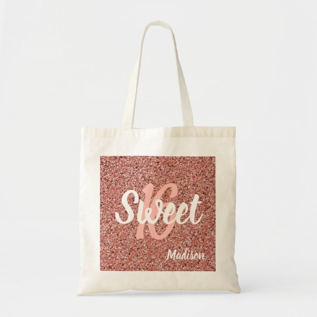 Sweet 16 Rosa Rose Gold Glitzer Personalisiert Tragetasche (Vorne)
