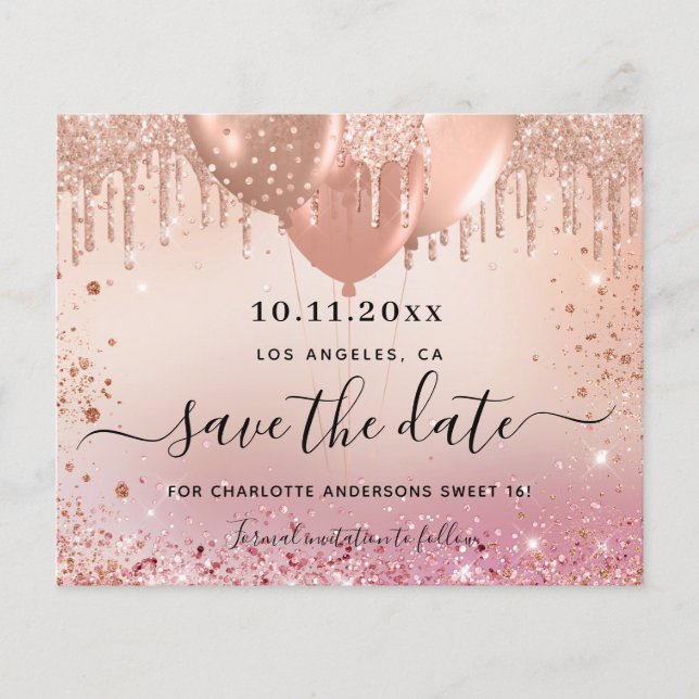 Sweet 16 rosa Rosengold Save the Date Flyer (Vorne)