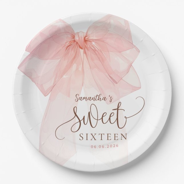 Sweet 16 Rosa Schleifen Geburtstagsfeier Pappteller (Vorderseite)