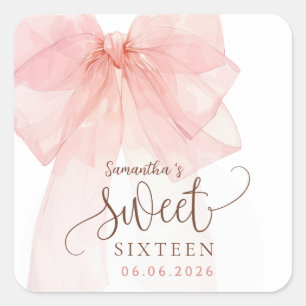 Sweet 16 Rosa Schleifen Geburtstagsfeier Quadratischer Aufkleber
