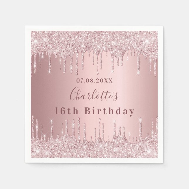 Sweet 16 rosa staubige Rose Glitzer Tropfen Name Serviette (Vorderseite)
