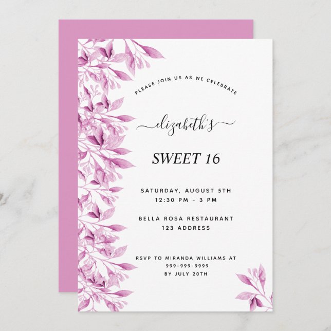 Sweet 16 rosa weiße Blume elegant Einladung (Vorne/Hinten)