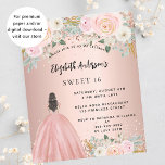 Sweet 16 Rose Gold Blume Kleid Budget Einladung<br><div class="desc">Eine moderne,  stilvolle und glamouröse Einladung zu einer Sweet 16. Geburtstagsfeier. Eine Rose goldener Hintergrund mit rot-rosa Blume,  ein Mädchen mit einem Kugelkopf. Der Name ist mit einem modernen handgeschriebenen Stilskript geschrieben. Personalisieren Sie Ihre Party-Daten und fügen Sie sie hinzu. 1 Blatt = 1 Einladung mit Druckkante bis Kante.</div>