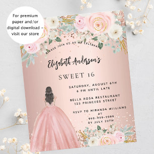 Sweet 16 Rose Gold Blume Kleid Budget Einladung Flyer