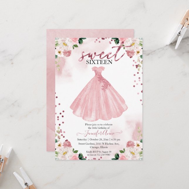 Sweet 16 Rose Gold Blush Aquarell Blume Kleid Einladung (Vorderseite/Rückseite Beispiel)