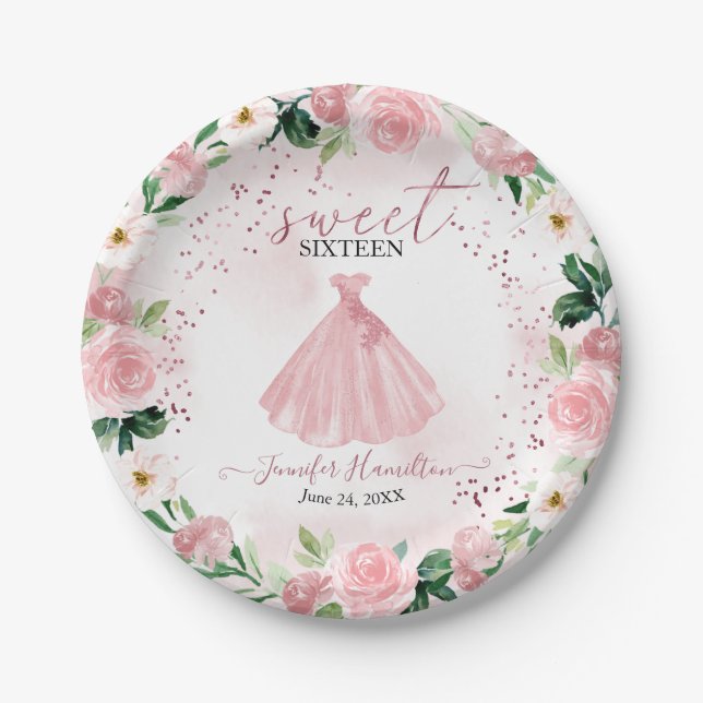 Sweet 16 Rose Gold Blush Blumenkleid Pappteller (Vorderseite)