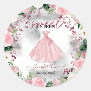 Sweet 16 Rose Gold Blush Floral Aquarellkleid Runder Aufkleber