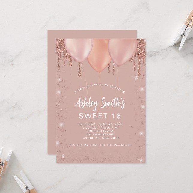 Sweet 16 Rose Gold Blush Glitzer Balloons Einladung (Vorderseite/Rückseite Beispiel)