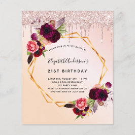 Sweet 16 Rose Gold Burgund Blumen Einladung Flyer