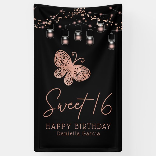 Sweet 16 Rose Gold Butterfly Chic Modern Geburtsta Banner (Vertikal)