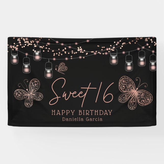 Sweet 16 Rose Gold Butterfly Chic Modern Geburtsta Banner (Horizontal)
