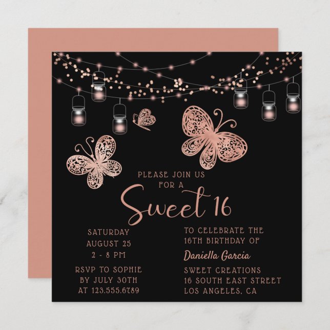 Sweet 16 Rose Gold Butterfly Chic Modern Geburtsta Einladung (Vorne/Hinten)