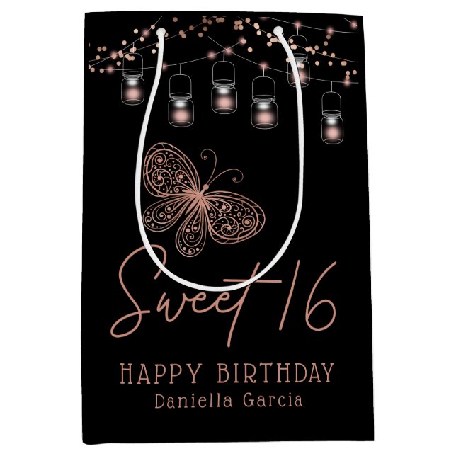 Sweet 16 Rose Gold Butterfly Chic Modern Geburtsta Mittlere Geschenktüte (Vorderseite)