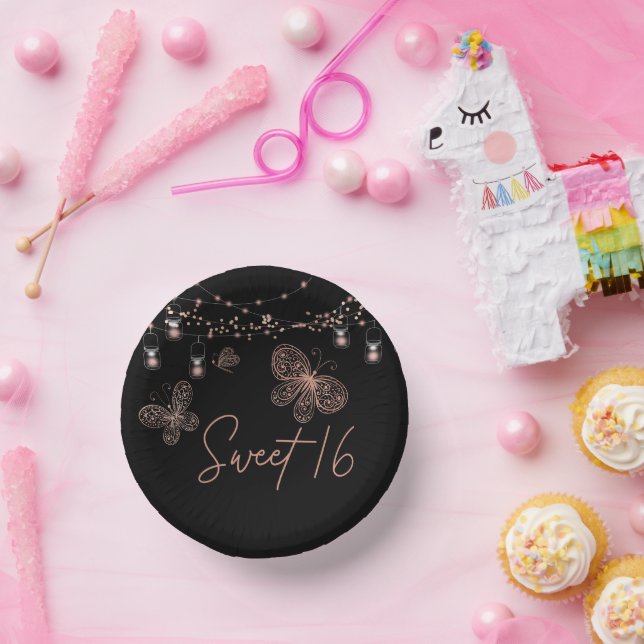 Sweet 16 Rose Gold Butterfly Chic Modern Geburtsta Pappteller (Party)