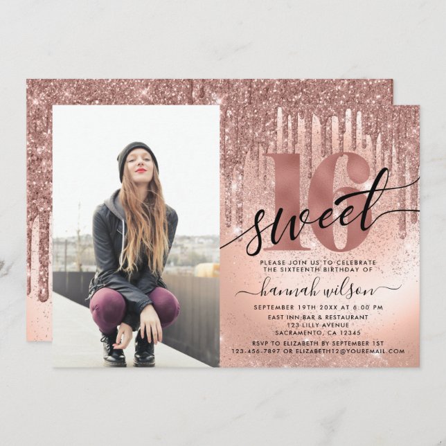 Sweet 16 Rose Gold Foil & Glitzer Foto Einladung (Vorne/Hinten)