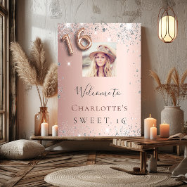 Sweet 16 Rose Gold Foto Silber Glitzer willkommen Poster
