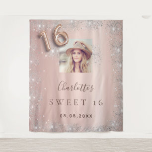 Sweet 16 Rose Gold Foto Silber Glitzer willkommen Wandteppich